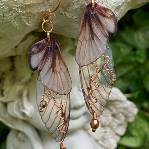 Woodland Fairy Grunge Earrings, Cottage Fairy Wing Earrings, Crystal Butterfly or Cicada Insect Jewelry, Copper Wires, Naturecore Gift Idea image 7