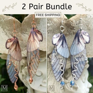 2 Pair Bundle, Woodland Fairy Grunge & Silver Fairy Grunge Earrings, Butterfly Wing Earrings, Cottagecore Jewelry, Fairycore Girlfriend Gift