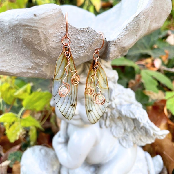 Yellow Butterfly Earrings with Crystal Copper Charms - Whimsical  Fairycore Jewelry