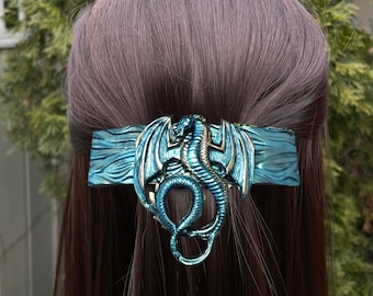 Green Dragon Hairclip - Fantasy Hair Barrette clip for Cosplay and Renaissance Fair, Handmade with Polymer Clay, Dragon Gifts for Her