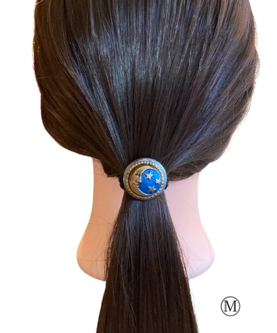 Moon & Stars Hair Tie - Decorative Elastic Hair Ties - Celestial Polymer Clay Bun Holder - Whimsigoth Ponytail Holder -  Hair Tie Bracelet