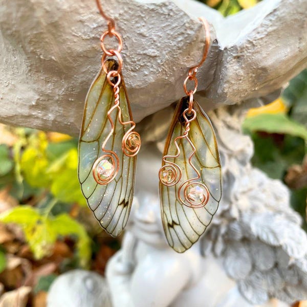 Whimsical yellow fairy wing earrings with copper wired crystals, lightweight butterfly wing dangles, cottage core jewelry gift for her