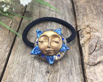 Gold Sun Tarot Hair Tie, Celestial Blue Crystal Polymer Clay Ponytail Holder, Thick Elastic Hair Ties, Boho Hair Braiding Accessories