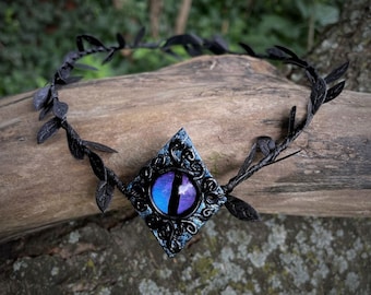 Handmade Purple Evil Eye Circlet – Black Leaf Crown, Cosplay Headpiece