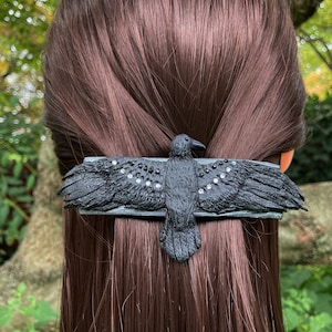 Raven Hair Clip: Handmade Polymer Clay Large Black Crow Hair Barrette For Thick Hair