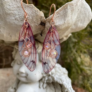 Pink  Cicada Wing Earrings With Copper Wires & Crystals, Lightweight Butterfly Jewelry, Fairy Core Cosplay Earrings Gift Idea