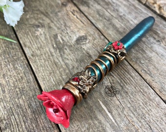 Red Rose Wand Smartphone Stylus Pen, Handmade Polymer Clay Flower Universal Tablet Stylus, Ornate Magic Wand for Touchscreen Devices