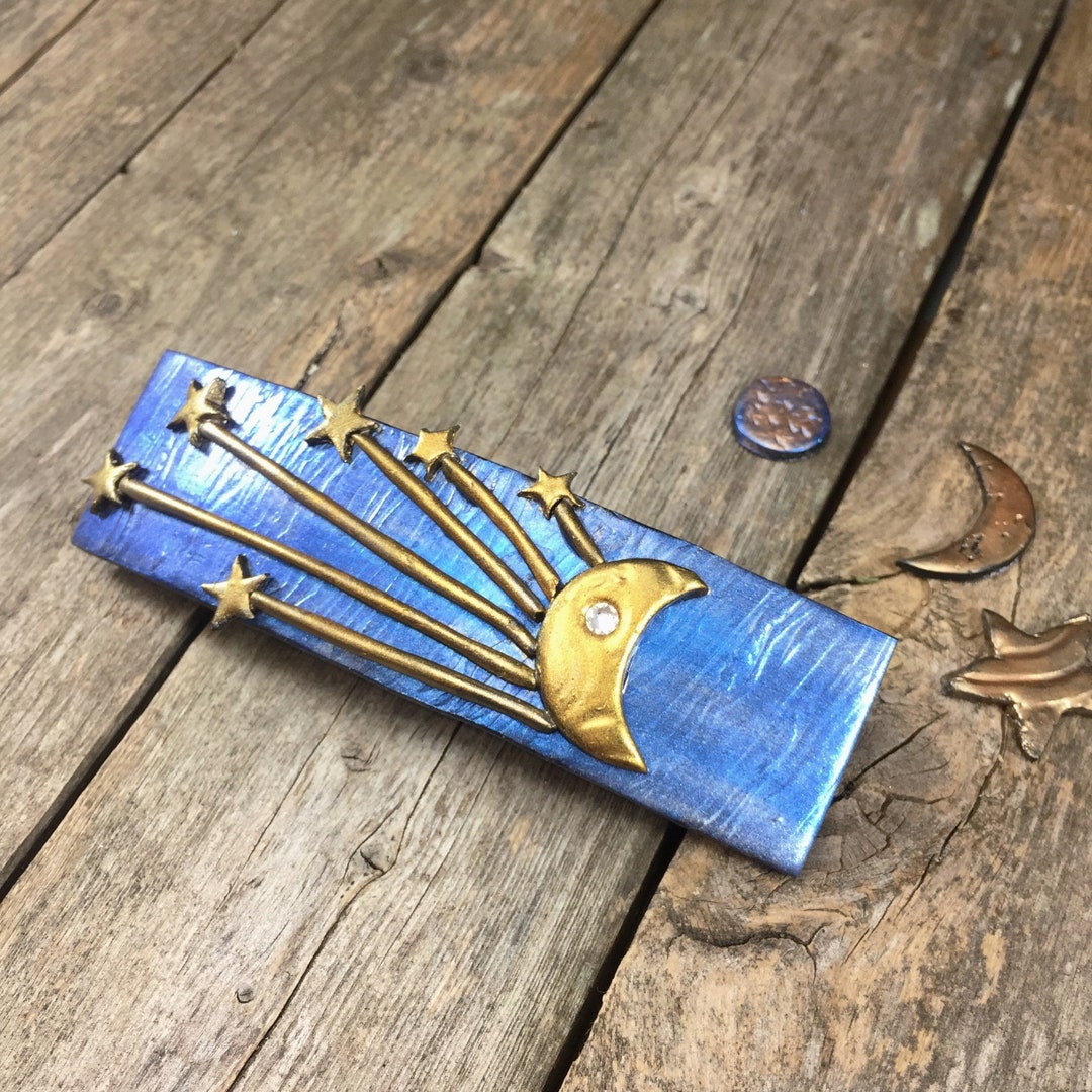 Moon Hair Clip With Starburst Handmade Polymer Clay Barrettes Etsy
