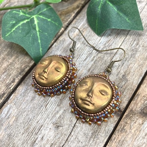 Boho Sun Earrings, Golden Sunburst Earrings with Polymer Clay Face and Yellow Topaz Glass Beads, Unique Celestial Bohemian Girlfriend Gift