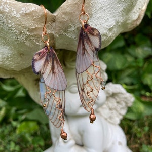 Woodland Fairy Grunge Earrings, Cottage Fairy Wing Earrings, Crystal Butterfly or Cicada Insect Jewelry, Copper Wires, Naturecore Gift Idea image 5
