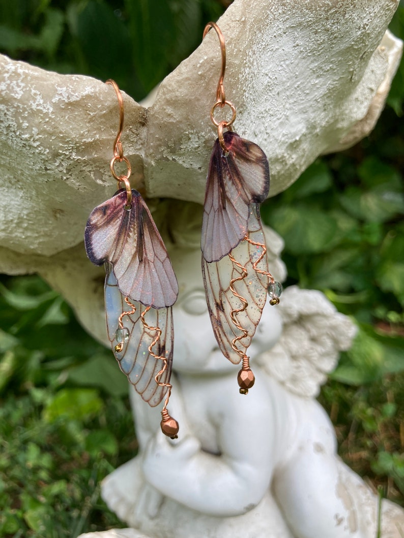 Woodland Fairy Grunge Earrings, Cottage Fairy Wing Earrings, Crystal Butterfly or Cicada Insect Jewelry, Copper Wires, Naturecore Gift Idea image 5