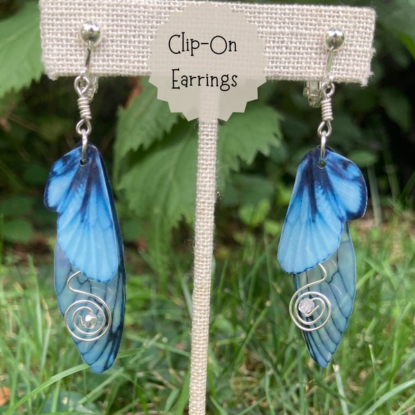 Clip-on Blue Butterfly Wing Earrings,  Silver Crystal Wired Fairy Earrings For Non-Pierced Ears, Fairycore Jewelry, Cottagecore Gift For Her