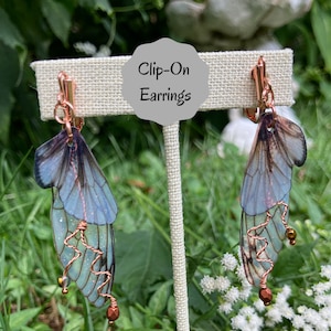 Clip On Fairy Grunge Earrings for Non Pierced Ears, Cottage Fairy Wing Earrings, Crystal Fairycore Cicada Insect Jewelry, Copper Wires