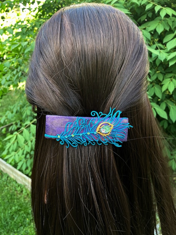 Peacock Feather Hair Barrette, Polymer Clay Mardi Gras Hair  display picture 2