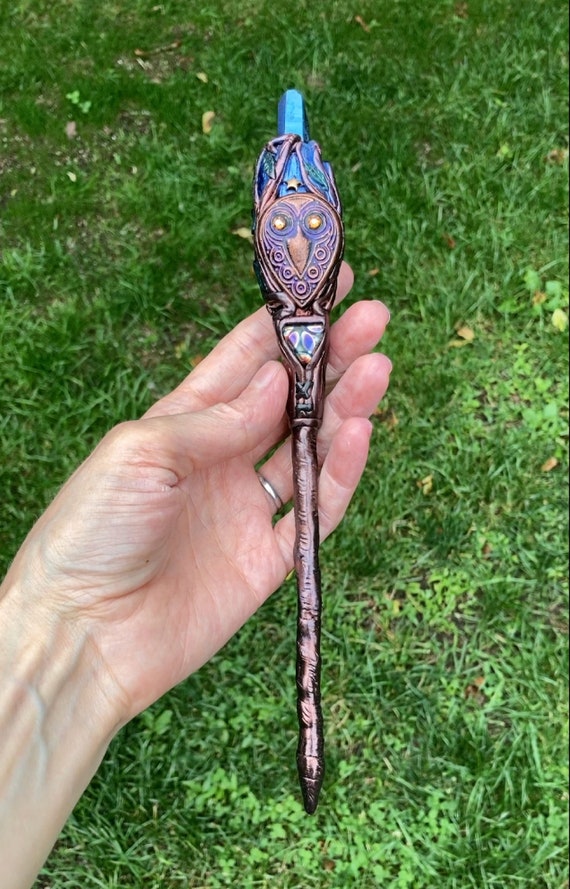 Owl Wand, Handmade Enchanted Forest Magic Crystal Wand, Quartz Wicca Wand, Altar Tool, Polymer Clay Animal Decor,