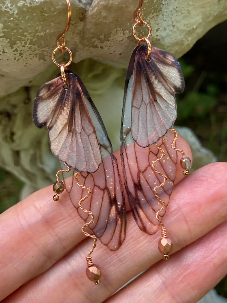 Woodland Fairy Grunge Earrings, Cottage Fairy Wing Earrings, Crystal Butterfly or Cicada Insect Jewelry, Copper Wires, Naturecore Gift Idea image 3