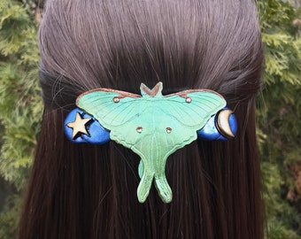 Luna Moth Hair Clip, Barrettes for Women, Polymer Clay Green Giant Silk Moon Moth French Hair Barrette, Crystal Butterfly Insect Hair Pin