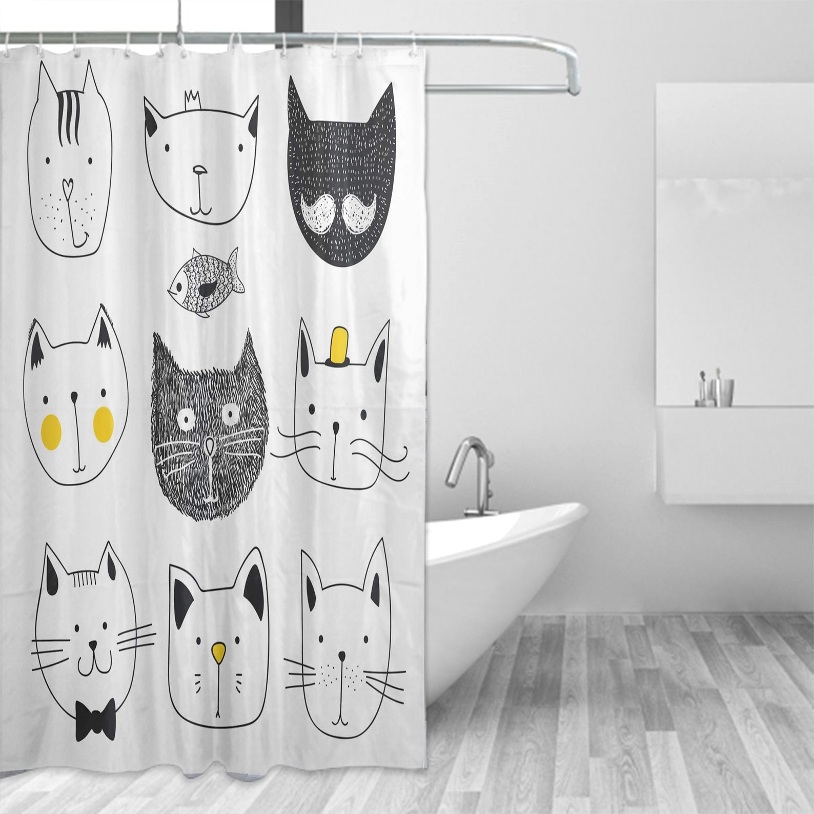 Cat Shower Curtain Cats With Moustache Bow Tie Hat Crown Etsy