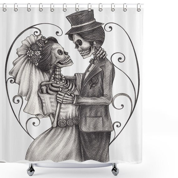 Gothic Love Bride Groom Just Married Skeleton Skulls Black White Shower Curtain 