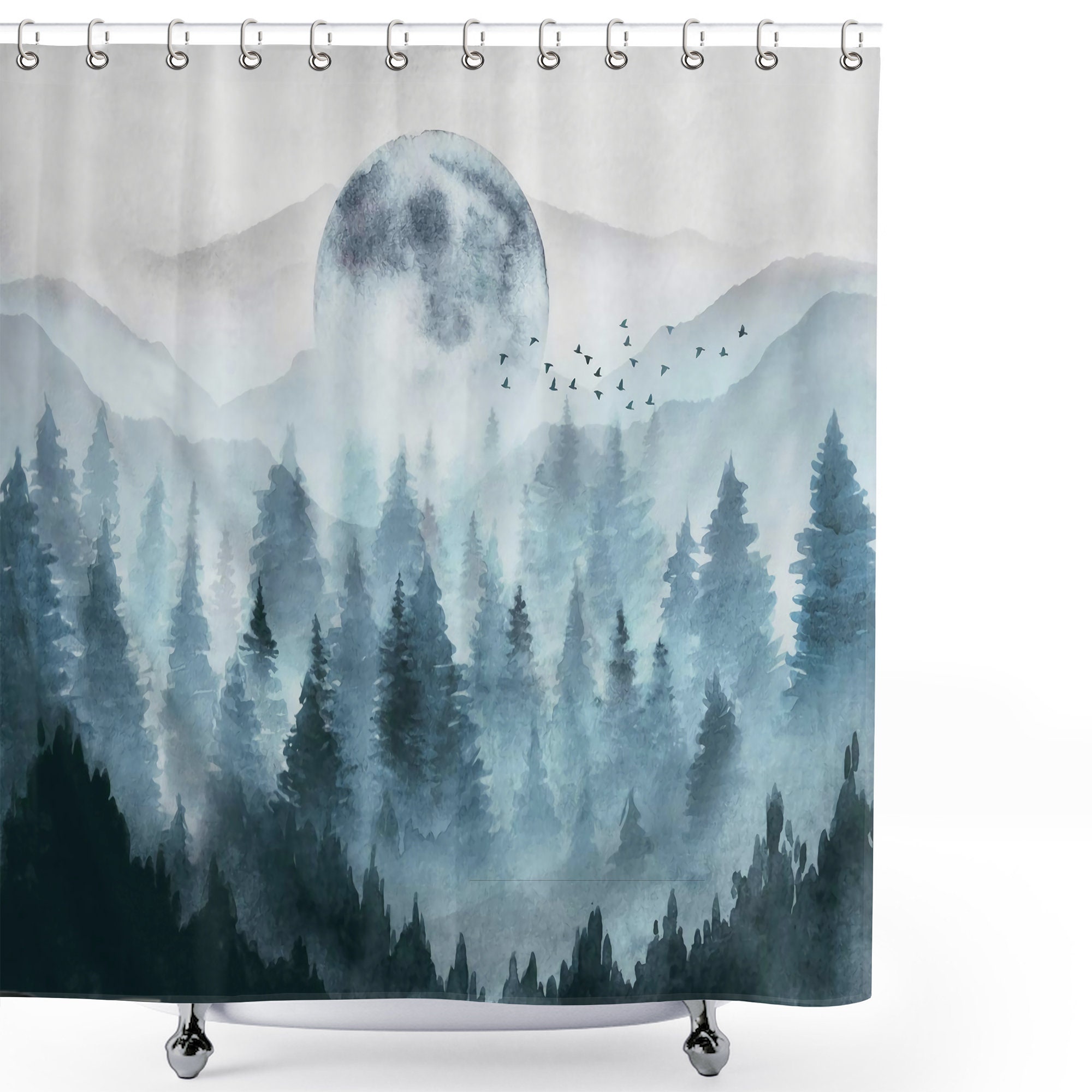 Watercolor Forest Shower Curtain Misty Fir Forest Foggy Etsy
