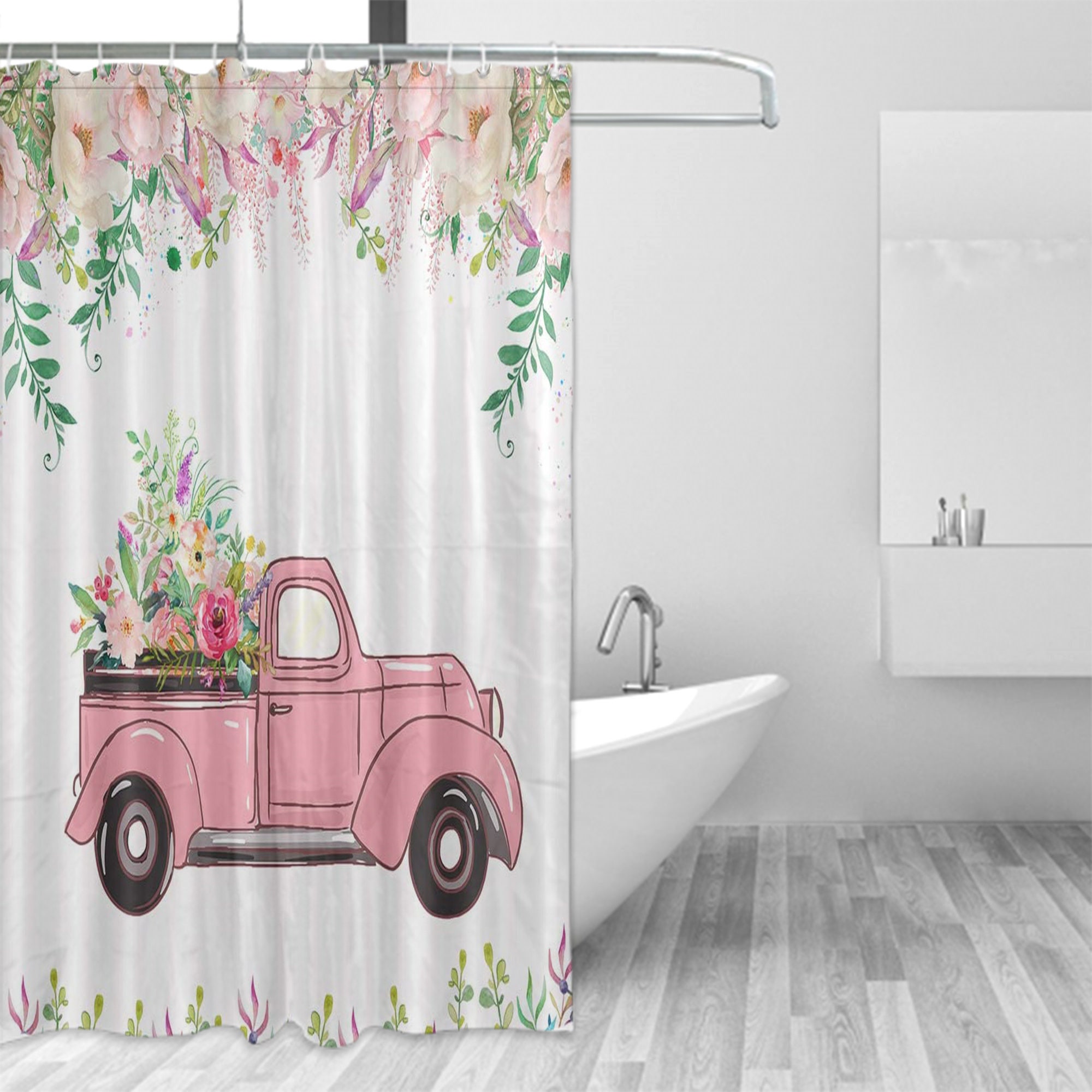Farmhouse Theme Shower Curtain Vintage Pink Truck With Flowers | Etsy