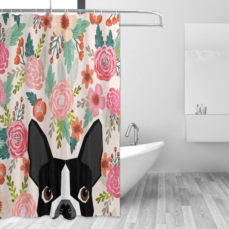 ROOMY Boston Terrier Dog Florals Shower Curtain Waterproof Bathroom Decor with Shower Hooks ROOMY Boston Terrier Dog Florals Shower Curtain Waterproof Bathroom Decor with Shower Hooks