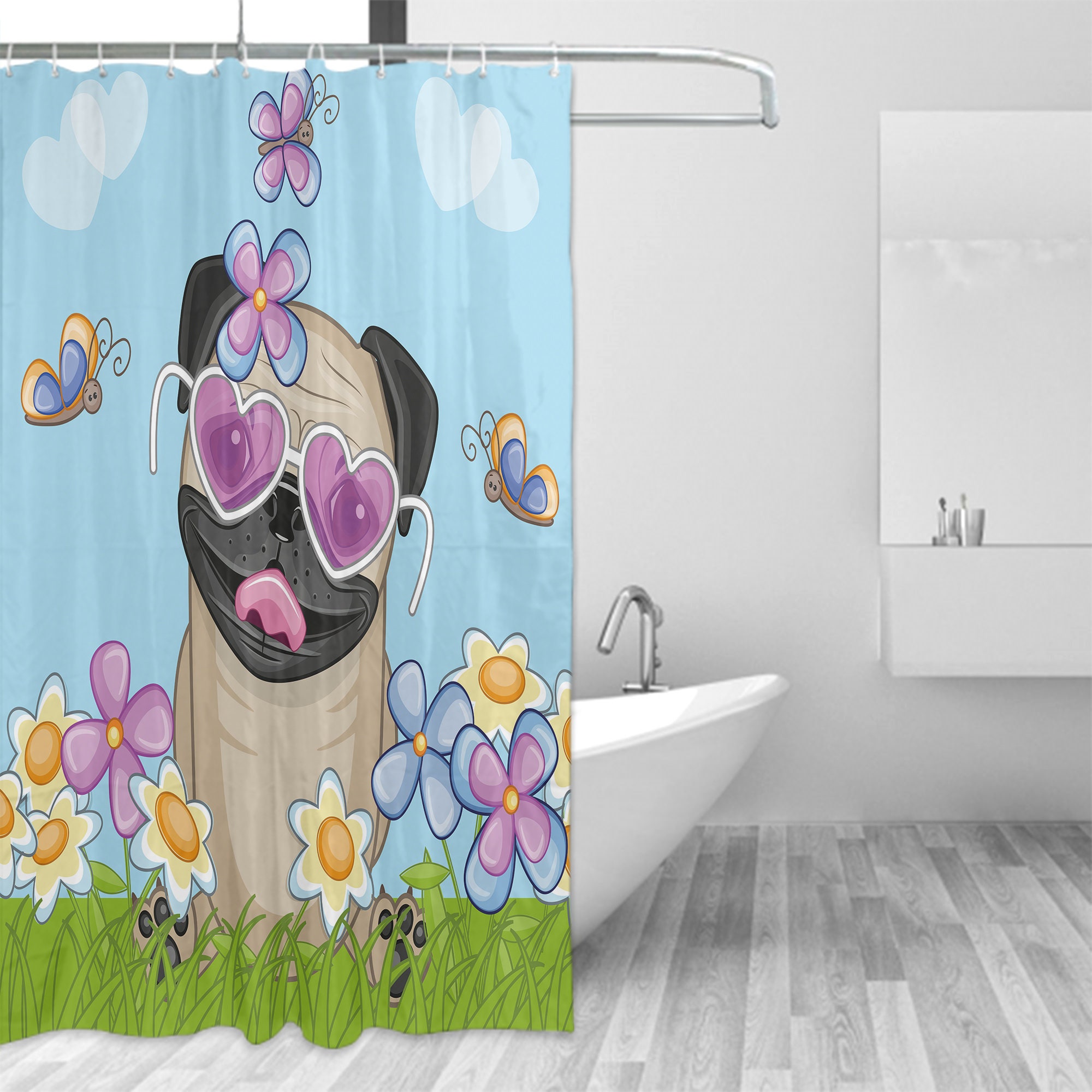 Pug Shower Curtain Puppy on the Field Flowers Butterflies Etsy Singapore