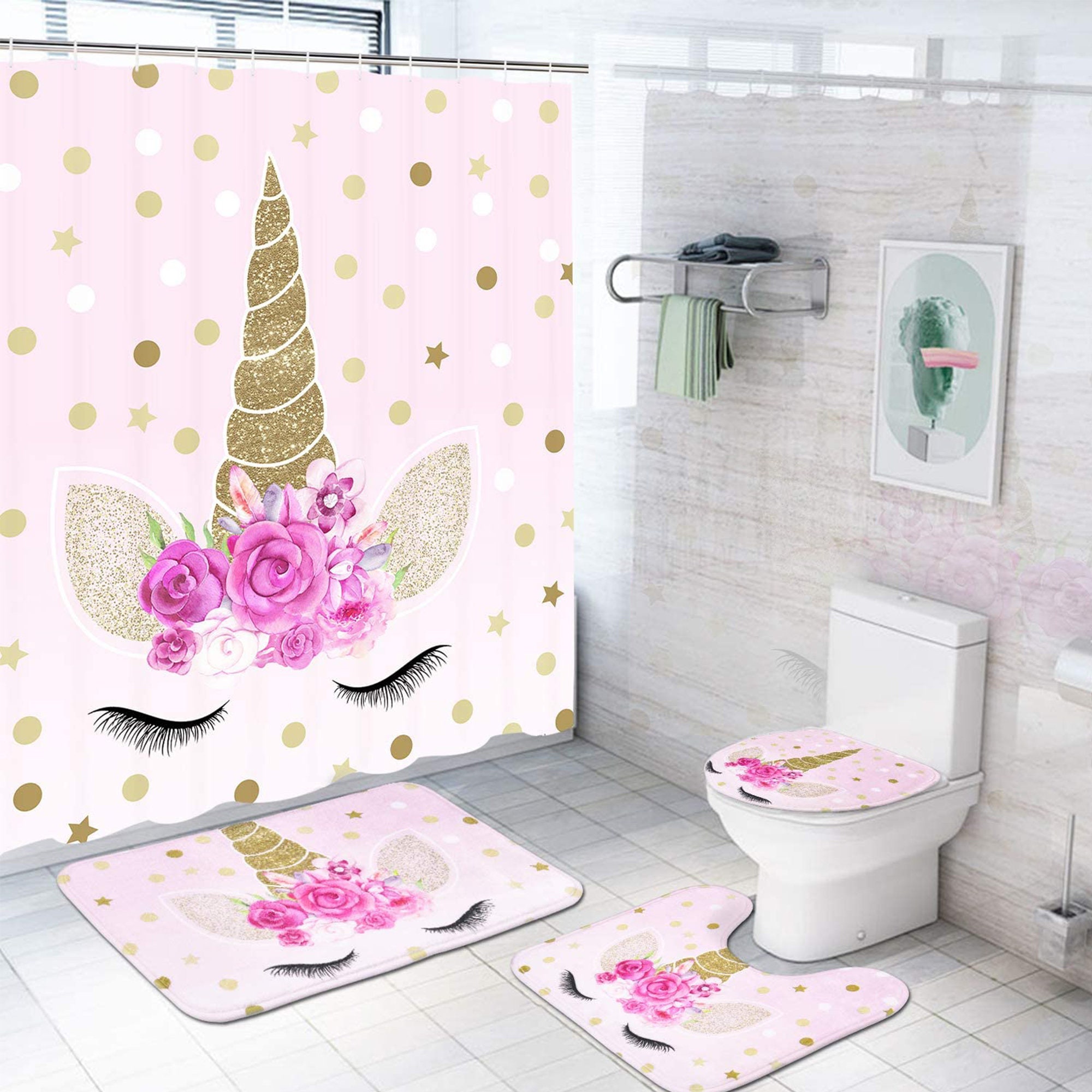4 Piece Unicorn Shower Curtain Sets With Non Slip Rugstoilet Etsy