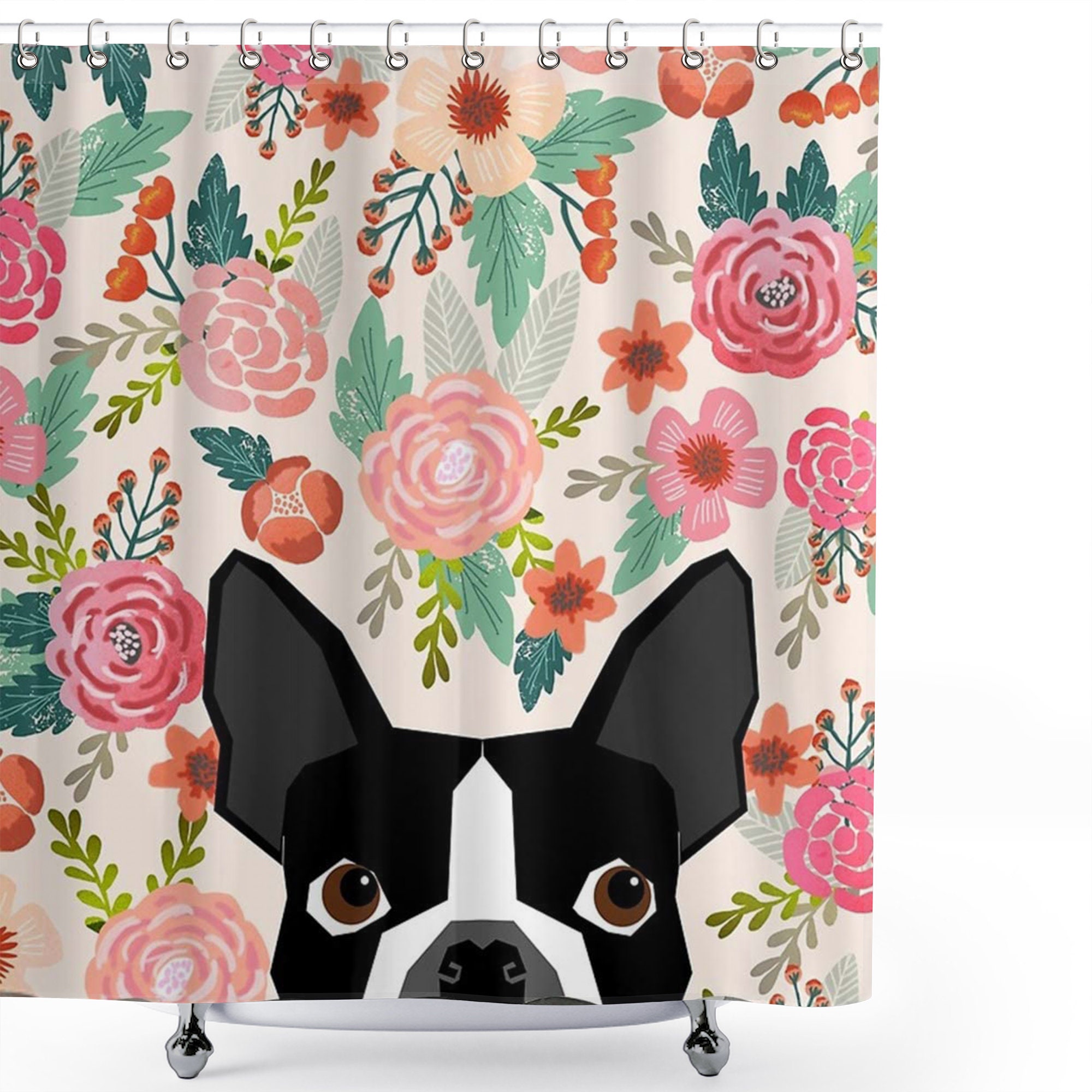 ROOMY Boston Terrier Dog Florals Shower Curtain Waterproof Bathroom Decor with Shower Hooks ROOMY Boston Terrier Dog Florals Shower Curtain Waterproof Bathroom Decor with Shower Hooks