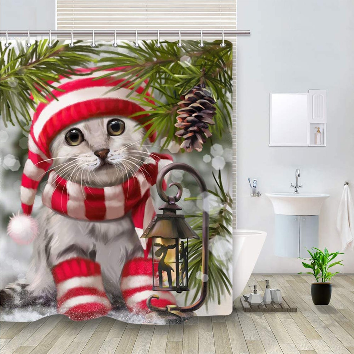 Custom Shower Christmas Cat Shower Curtainfestival Funny Pets Etsy
