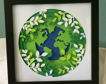 Earth Wall Art, Eco, Layered Paper, 8x8 Shadow Box Green Blue White