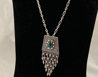 Vintage Silver Israel Brooch Pendant fringe pearl Turquoise 18&quot; 925 chain chunky