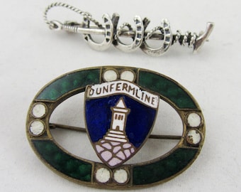 Vintage Silver Crop and Horseshoe Brooch and Dunfermline Town Enamel Badge Equestrian