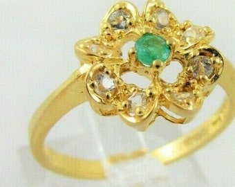 Vintage Silver gilt green and clear tone ring flower Ring Size R FM USA