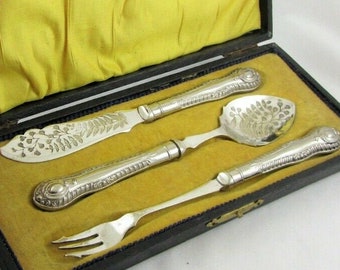 Victorian Ornate Engraved Silver Plated Cutlery Fish cased in yellow silk fern