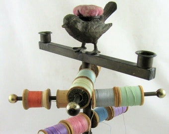 Rare Antique Edwardain Brass Italian Figural Reel Bobbin Stand Bird Pin Cushion