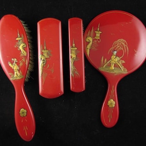 Vintage Art Deco Lipstick Red Chinoiseries Vanity Dressing table Set