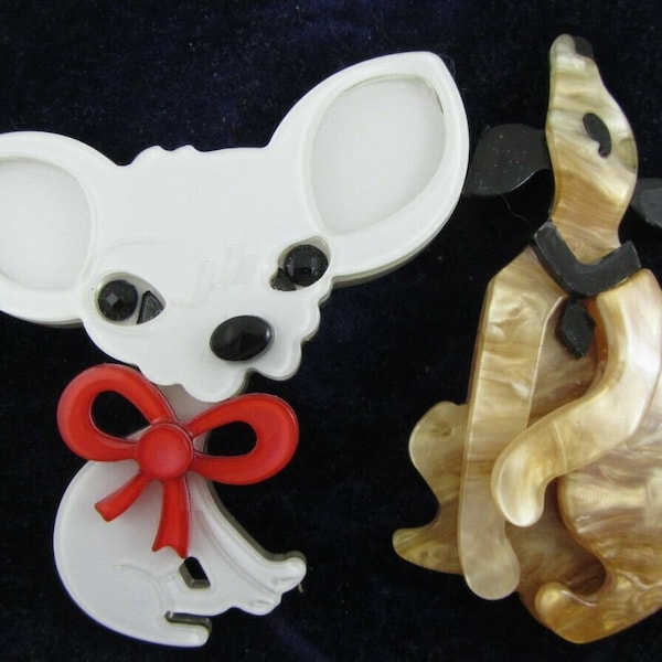 Vintage Howling DOG BROOCH and Big Ears Mouse Brown Lucite Costume Jewellery