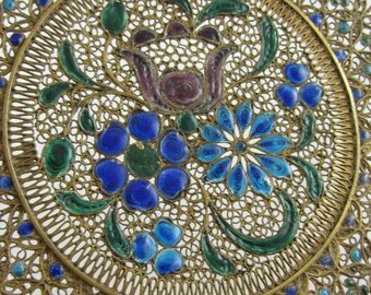 Vintage Filigree Cloisonné Gilt Metal enamel Decorative Plate Hanging
