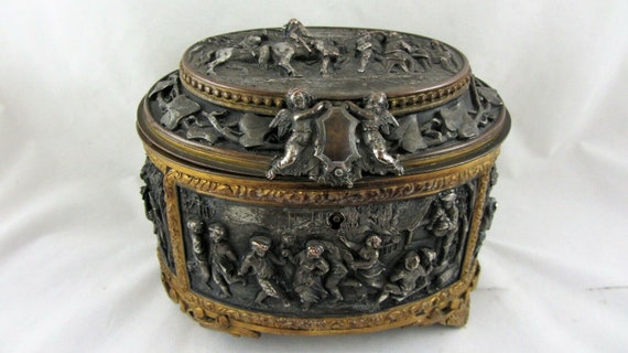Stunning Antique Jewellery Casket Raised figures … - image 1