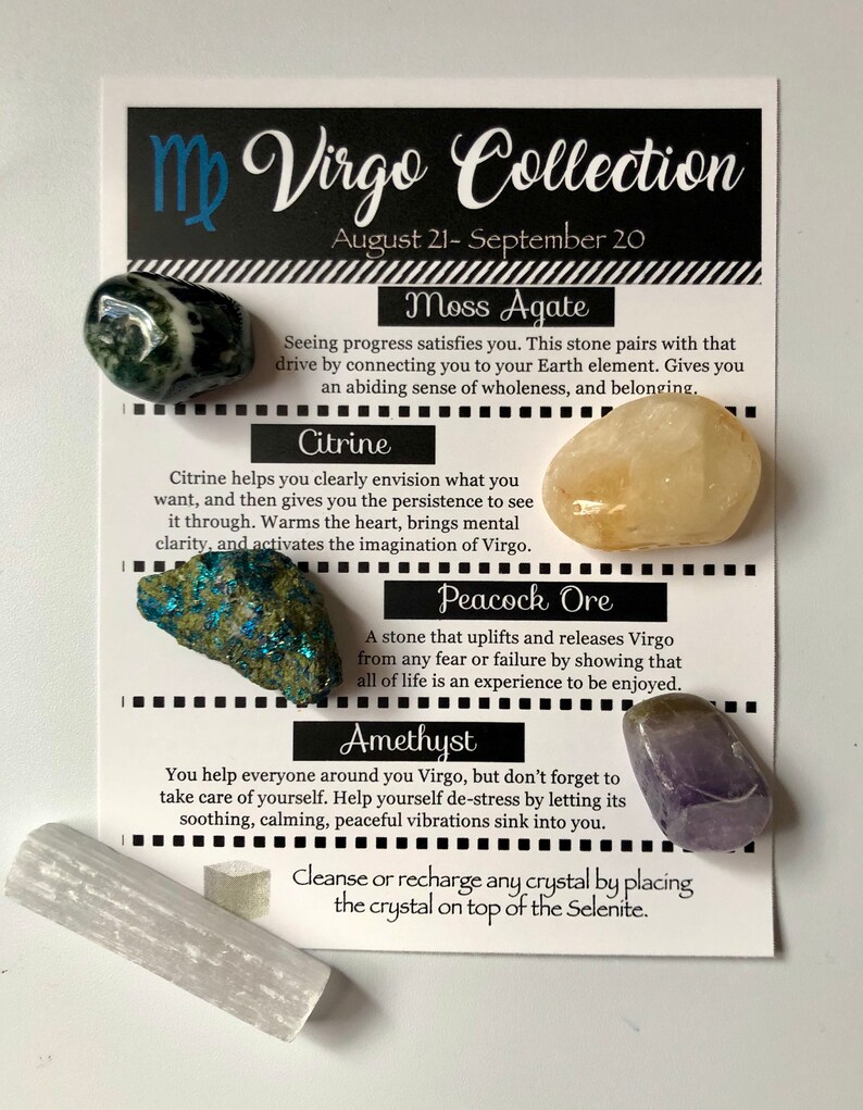 Virgo Crystal Collection, Moss Agate, Citrine, Peacock Ore, Amethyst