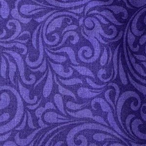 May include: Close-up of a fabric with a repeating pattern of swirling, stylized floral designs in shades of purple. The fabric has a textured appearance, with a subtle weave visible throughout the design. The overall effect is elegant and decorative.