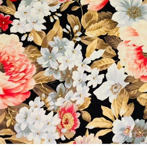 May include: A floral pattern featuring large, vibrant flowers in shades of red, white, and cream, set against a black background. The design includes detailed leaves in gold and brown, creating a classic, elegant look.
