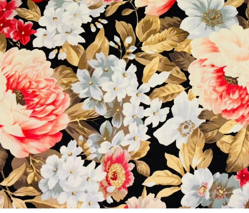 May include: A floral pattern featuring large, vibrant flowers in shades of red, white, and cream, set against a black background. The design includes detailed leaves in gold and brown, creating a classic, elegant look.