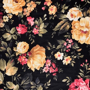 May include: A floral pattern featuring large yellow and red roses, smaller pink and orange flowers, and green leaves on a black background. The design has a vintage, romantic aesthetic, suitable for fabric or wallpaper.