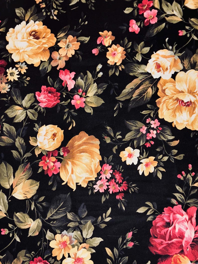 May include: A floral pattern featuring large yellow and red roses, smaller pink and orange flowers, and green leaves on a black background. The design has a vintage, romantic aesthetic, suitable for fabric or wallpaper.