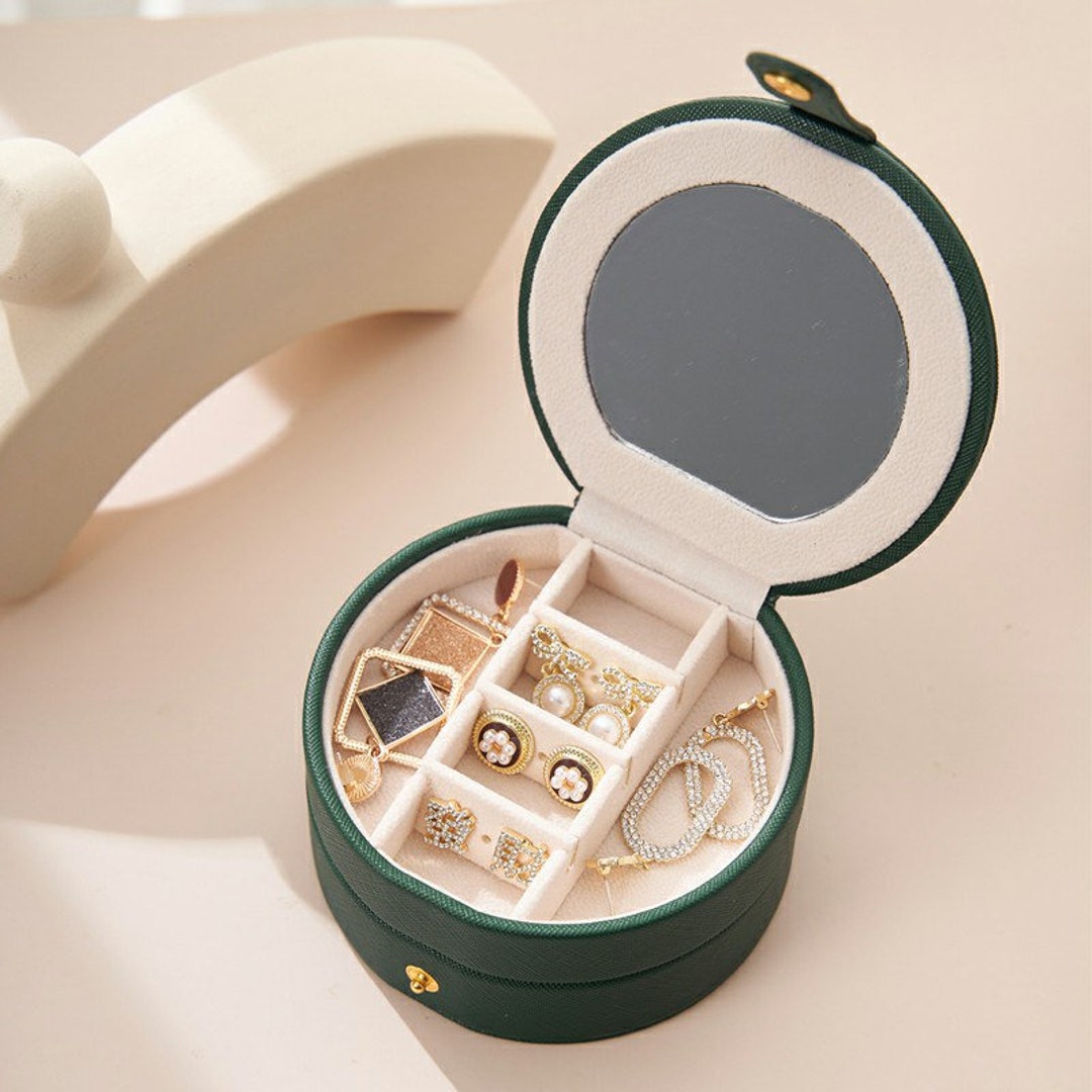 Round Jewellery Box, Leather Travel Portable Jewelry Box, PU Leather