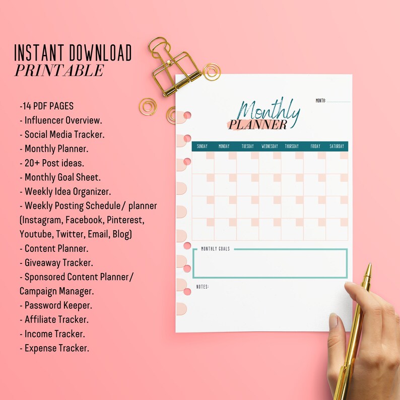 Influencer/blogger Social Media Planner. Digital Agenda. Etsy