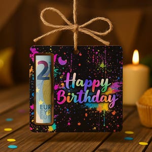 Cadeau en espèces Joyeux anniversaire | Étiquette cadeau avec compartiment à billets | Panneau en bois anniversaire | Réalisateur de souhaits | Idée cadeau carte cadeau