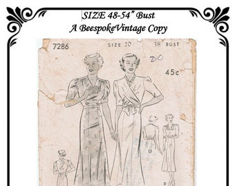 Bust 48-54" MULTISIZED DIGITAL COPY - Butterick 7286 - Reproduction - vintage pattern 1930s Dress with Wrap Front